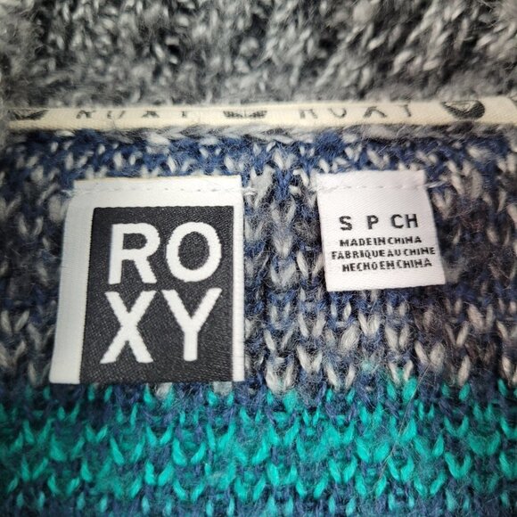 ROXY Gray Blue Boho Tribal Print Open Front Waterfall Cardigan S - Picture 3 of 8